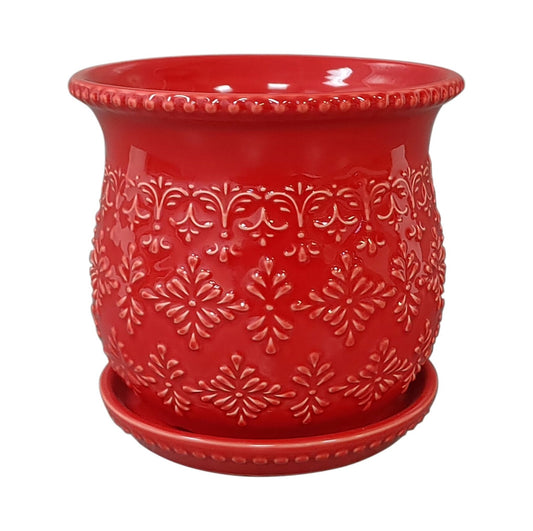 Embossed TimelMaterial: Stoneware Hand Painted Drain hole with removable plug Wipe clean with damp cloth Dimensions: 6" x 6" x 5.5"  2.2  lbs Holds 1.25 qtsess Geo Red Planter, 6 in, Stoneware